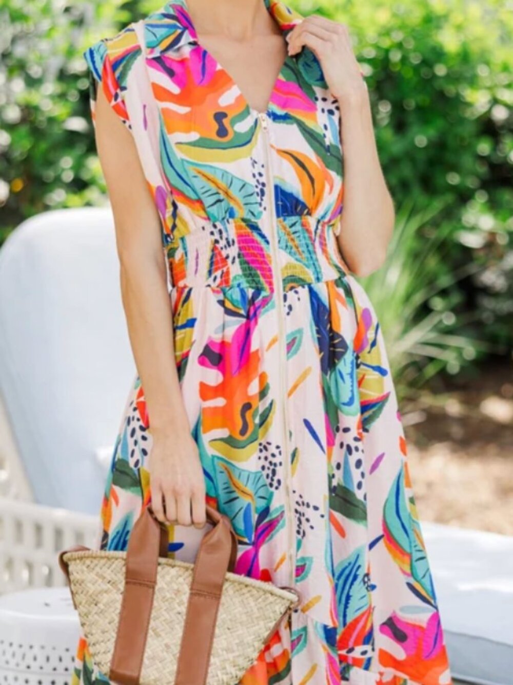 Umgee Pink Multi-Color Tropical Print Midi Dress